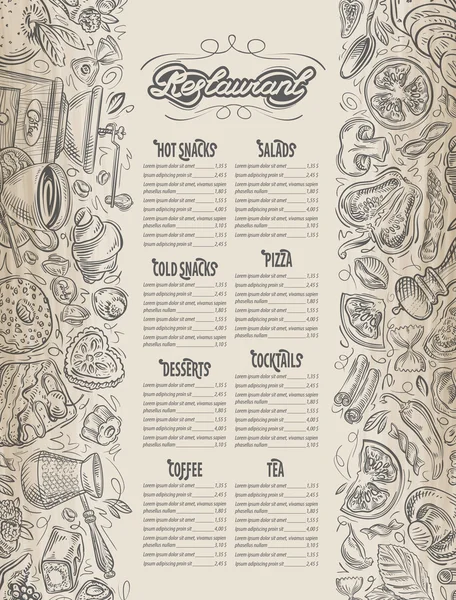 Nabídka designu. Restaurace brožura. Cafe vektor vzor s kombinací nakreslena grafiky na téma jídlo a pití — Stockový vektor