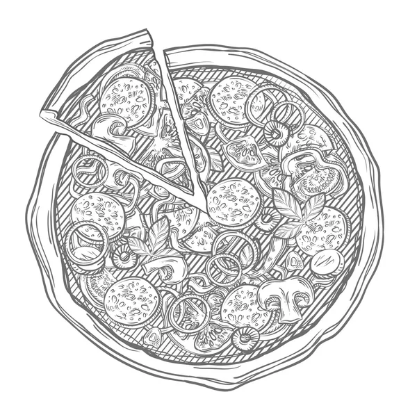 Pizza tranchée isolée sur fond blanc. Illustration vectorielle croquis dessinée à la main — Image vectorielle