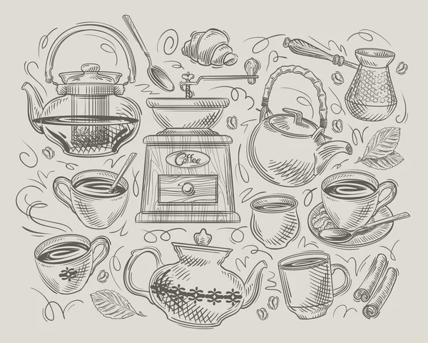 Coffee and tea. hand-drawn vector elements on the subject of cafe, restaurant — Stock Vector