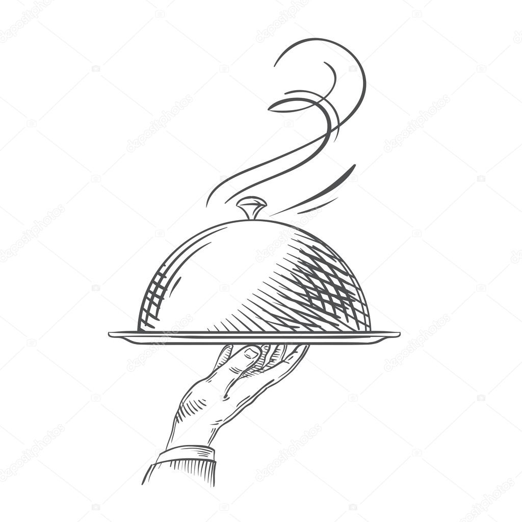 Vector hand-drawn illustration of waiter hand holding a tray