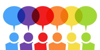 Kafasında konuşma baloncukları ve yazı için boş alanı olan altı farklı renkli takım insanının EPS vektör çizimi