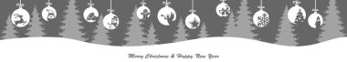 eps10 vector with hanging baubles colored white with different abstract icons for christmas and winter time concepts with light gray fir tree background clipart