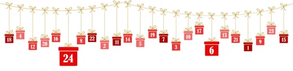 Wiszące Boże Narodzenie Prezentuje Kolorowy Czerwony Liczbami Pokazując Kalendarz Adwentowy — Wektor stockowy