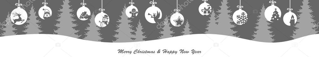 eps10 vector with hanging baubles colored white with different abstract icons for christmas and winter time concepts with light gray fir tree background
