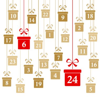 Noel hediyeleri asmak 1 'den 24' e kadar olan renkli altınlar Xmas ve kış zamanı konseptleri için ortaya çıkan takvim panorama tarzı