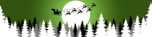 矢量文件显示圣诞老人的轮廓与雪橇和驯鹿在森林与满月 底色绿色 — 图库矢量图片