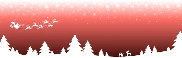 矢量文件显示圣诞全景头像与桑塔苍蝇与驯鹿 降雪和森林树木的轮廓 背景颜色红色 — 图库矢量图片