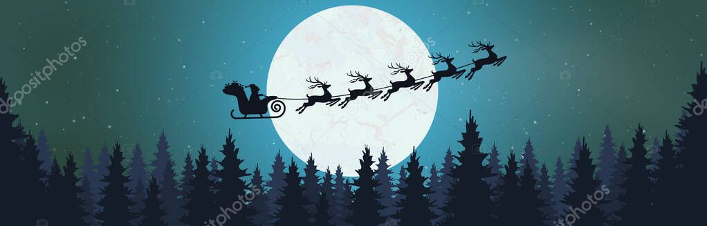 eps vector file showing a silhouette of Santa Claus with sled and reindeer over a forest with full moon, background colored blue