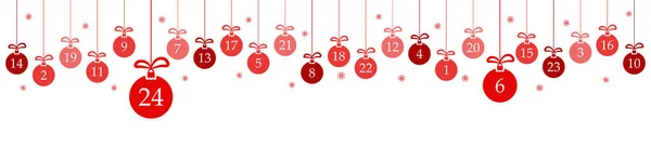 Boules Noël Suspendues Colorées Rouge Avec Les Chiffres Montrant Calendrier — Image vectorielle
