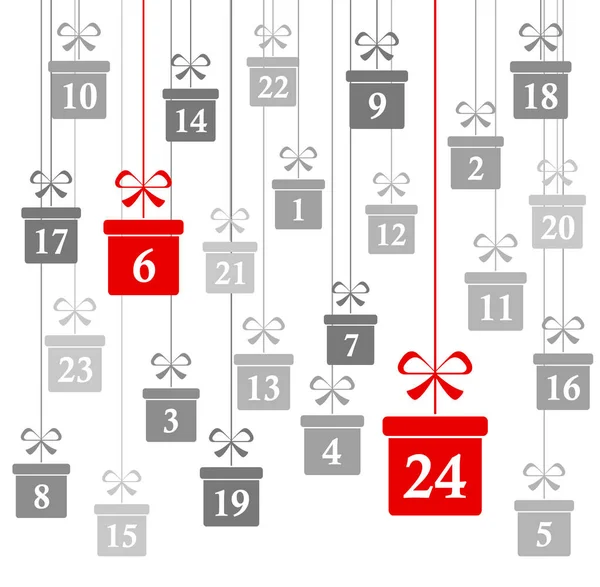 Wiszące Prezenty Świąteczne Kolorowy Szary Liczbami Pokazując Kalendarz Adwentowy Boże — Wektor stockowy