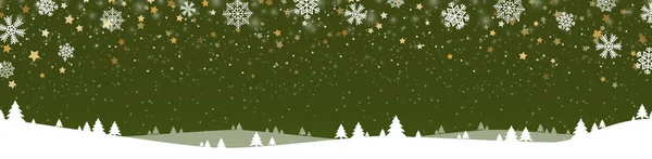 森の木々の雪とシルエットのクリスマスパノラマのヘッダーを示すEpsベクトルファイル 背景色の緑 — ストックベクタ