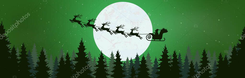 eps vector file showing a silhouette of Santa Claus with sled and reindeer over a forest with full moon, background colored green