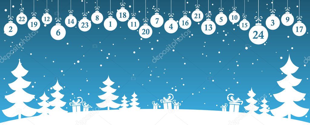 hanging christmas balls colored white with numbers 1 to 24 showing advent calendar for xmas and winter time concepts with wintry fir tree background and snow fall