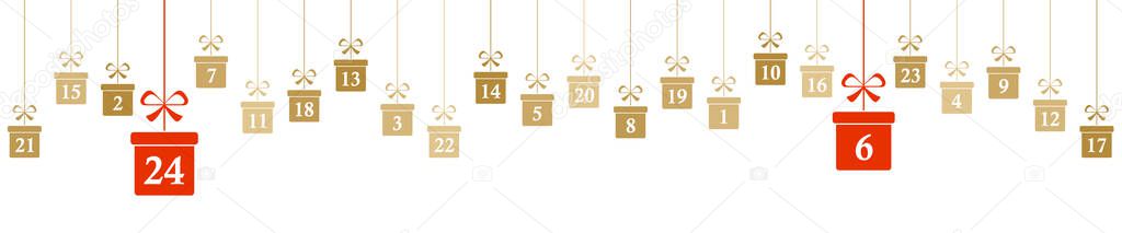 hanging christmas gifts colored gold with numbers 1 to 24 showing advent calendar for xmas and winter time concepts panorama style