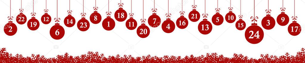 hanging christmas gifts colored red with numbers 1 to 24 showing advent calendar for xmas and winter time concepts panorama style