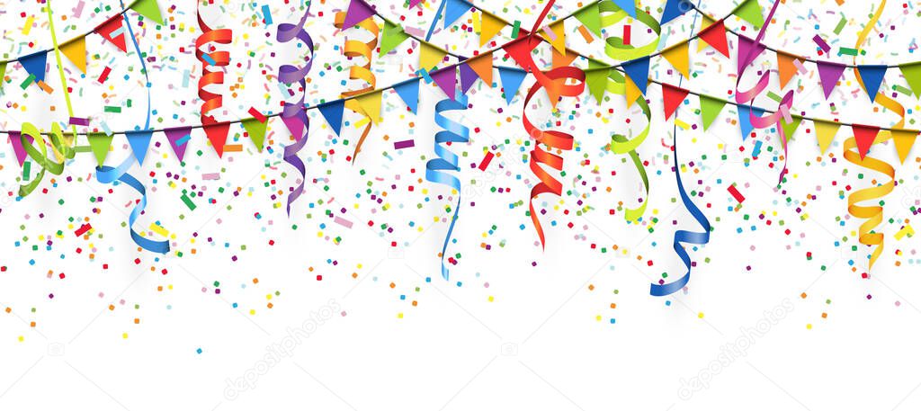 vector illustration of seamless colored confetti, garlands and streamers on white background for party or carnival usage