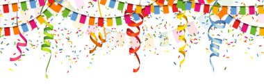 Karnaval partisi veya doğum günü şablonu kullanımı için beyaz arka planda renksiz mutlu çelenkler, konfeti ve flamalar EPS 10 vektör çizimi