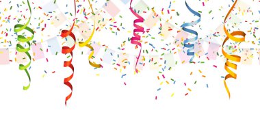 Karnaval partisi veya doğum günü şablonu kullanımı için beyaz arka planda renksiz mutlu çelenkler, konfeti ve flamalar EPS 10 vektör çizimi