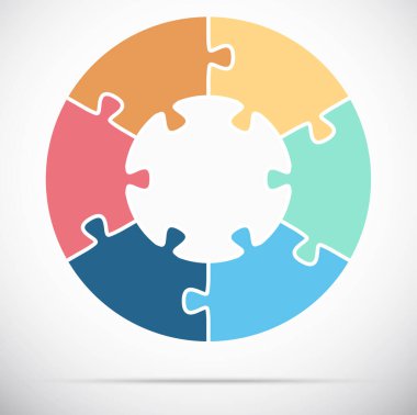 Beyaz tabanlı işbirliği veya takım çalışması sürecini sembolize eden yuvarlak renkli bulmacanın vektör illüstrasyonunu yapar, altı seçenek