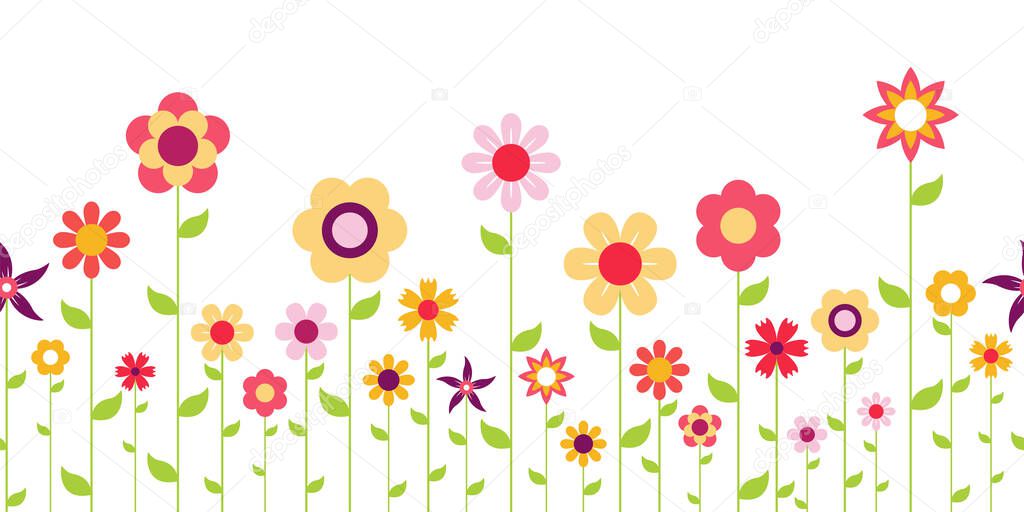 EPS 10 vector file seamless background with happy flowers on bottom side for spring time in different colors for easter and fresh concepts