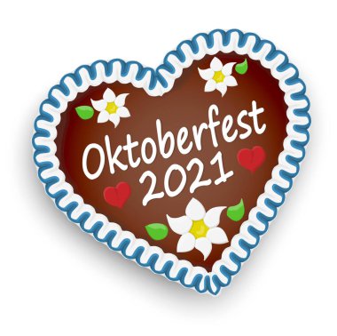 Oktoberfest 2021 ve kırmızı kalpler ve Alman Edelweiss çiçekleri ile betimlenmiş zencefilli bir kalp.