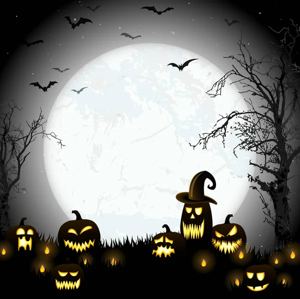 Assustador Halloween Árvore Morta Com Algumas Abóboras Assustadoras Frente Uma —  Vetores de Stock