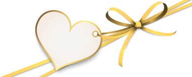 EPS 10 vektör illüstrasyon altın renkli kurdele yayı ve kalp kolyesi şeklinde hediye bandı beyaz arka planda izole edilmiş sevgililer günü aşk selamları için.