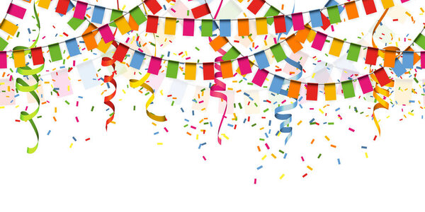 EPS 10 vector illustration of seamless colored happy garlands, confetti and streamers on white background for carnival party or birthday template usage