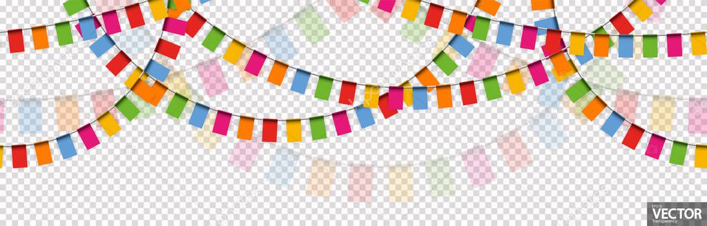 EPS 10 vector illustration of seamless colored happy garlands on transparent background (in vector file) for carnival party or sylvester template usage