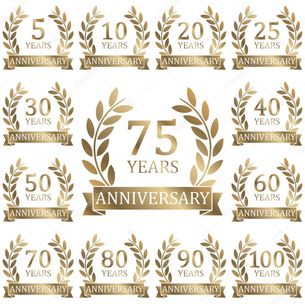 eps vector file with golden laurel wreath collection on white background for success or firm jubilee with text 5 to 100 years