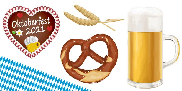 Coleção Objetos Oktoberfest Ilustrados Típicos Cerveja Pretzel Trigo Gengibre Coração — Vetor de Stock