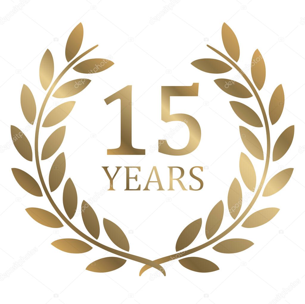 eps vector file with golden laurel wreath on white background for success or firm jubilee with text 15 years