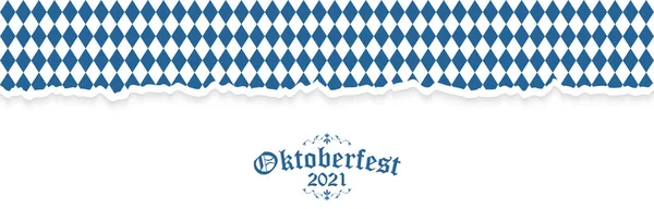 Oktoberfest Pozadí Roztrženým Otevřeným Papírem Modrobílým Kostkovaným Vzorem Textem Oktoberfest — Stockový vektor