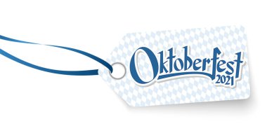etiket asmak mavi beyaz kareli kalıp ve metin Oktoberfest 2021 'e hoş geldiniz (Almanca)
