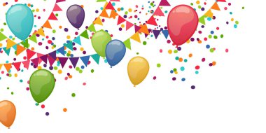 Renkli mutlu çelenklerin EPS 10 vektör illüstrasyonu, konfeti ve balonlar karnaval partisi için beyaz zemin üzerinde veya müfredat şablonu kullanımı