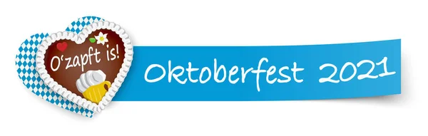 带有长蓝色粘纸的Eps 10载体和文字Oktoberfest 2021的姜饼心 — 图库矢量图片