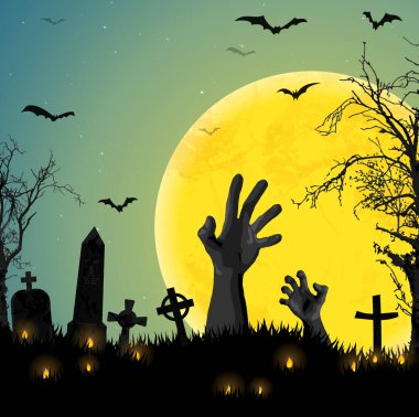 EPS 10 vektör illüstrasyonu. Dolunayın önünde ölümsüz eller ve Cadılar Bayramı arka plan planları için çizilmiş korkutucu elementler.
