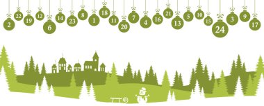 Noel hediyelerini asmak yeşile boyanmış, 1 'den 24' e kadar numaralar var. Renkli köknar ağacı panorama arka planına sahip yeni ortaya çıkan xmas ve kış zamanı kavramlarını gösteren takvim.