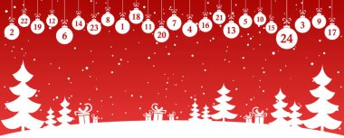 Noel toplarını beyaza boyamış, 1 'den 24' e kadar olan sayılarla birlikte. Xmas ve kış zamanı konseptleri için kış köknar ağacı arkaplanı ve kar yağışlı takvim gösteriliyor.