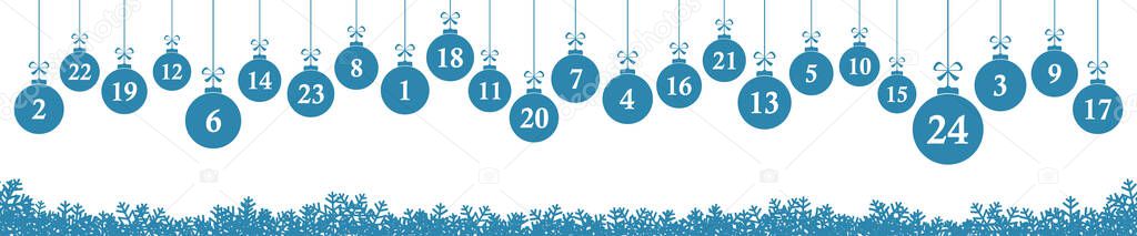 hanging christmas gifts colored blue with numbers 1 to 24 showing advent calendar for xmas and winter time concepts panorama style
