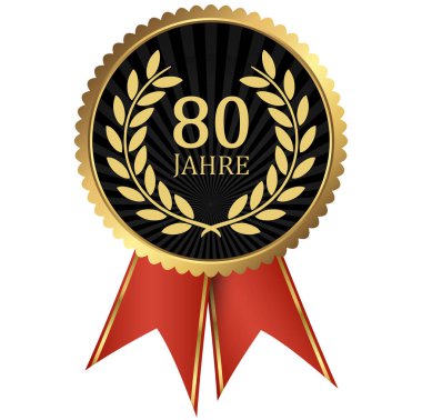 Başarılı olmak için defne çelenkli altın madalyonlu vektör dosyası veya sağlam jübile ve metin 80 yıl (Almanca metin)