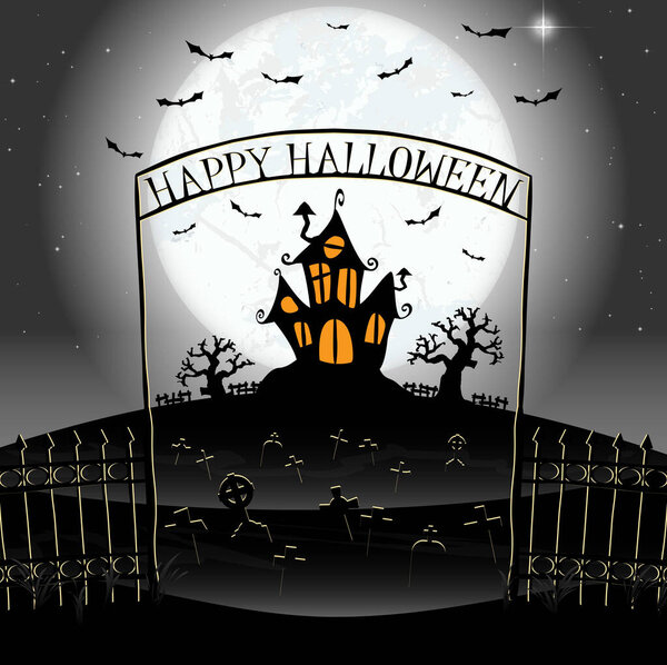 темный замок и кладбище перед полнолунием с забором и аркой с буквами "Счастливого Хэллоуина" и другими страшными иллюстрированными элементами для фонового оформления Хэллоуина