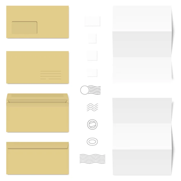 Envelopes brancos e marrons, papel de escrita, selos de correio —  Vetores de Stock