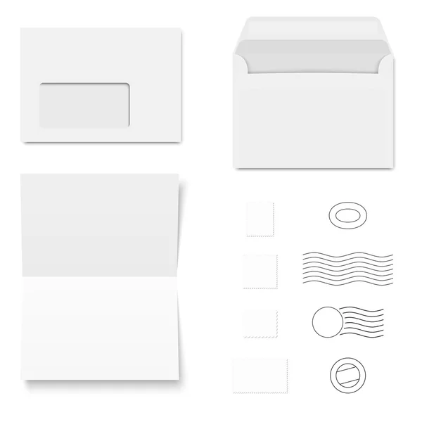 Білий конверти, писальний папір, поштових марок — стоковий вектор