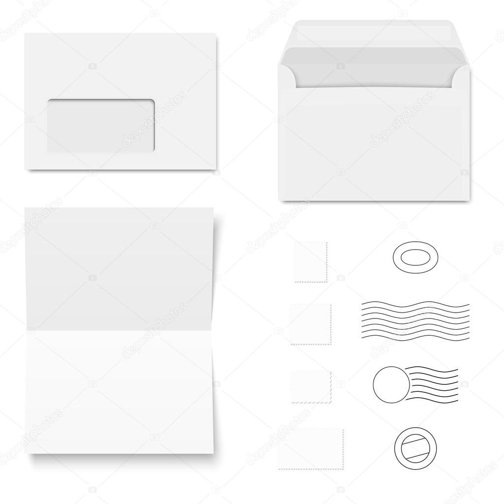 White Envelopes, Writing Paper, Postage Stamps Stock Vector by