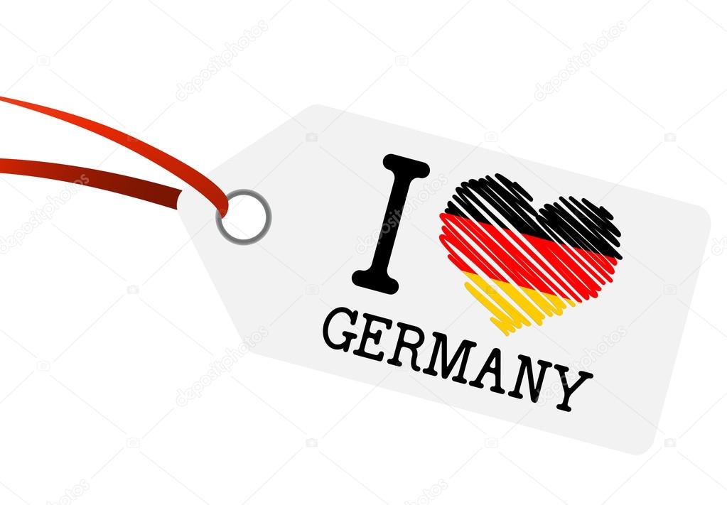 White hangtag with red ribbon and text I Love Germany