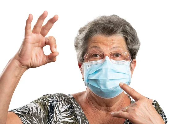 Mujer Anciana Que Usa Anteojos Anteojos Que Apuntan Con Dedo — Foto de Stock