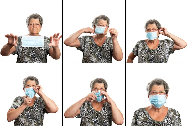 Persona Anciana Que Presenta Uso Médico Quirúrgico Máscara Desechable Que — Foto de Stock
