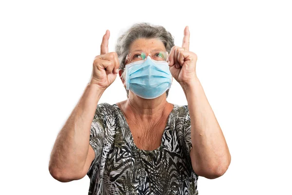 Mujer Anciana Con Máscara Médica Quirúrgica Desechable Para Prevenir Contaminación — Foto de Stock