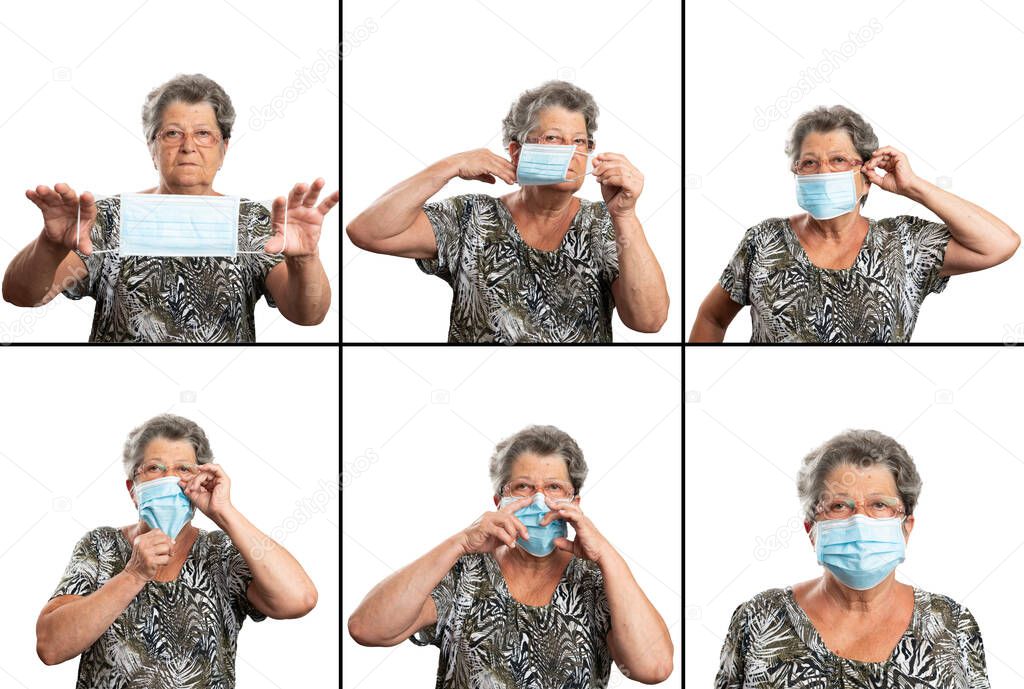 Old female person presenting wearing medical or surgical disposable mask covering nose and mouth correctly tutorial to prevent covid19 sars influenza flu virus pandemic concept isolated on white